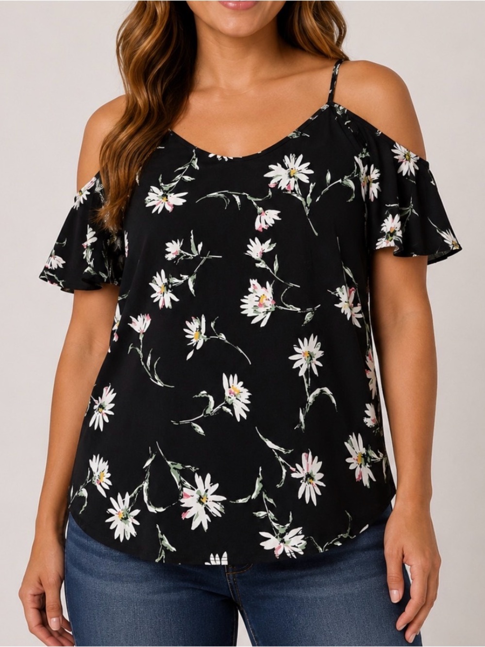 Kaileigh Black Floral Off-Shoulder Women's Top daisy print lightweight SZ L